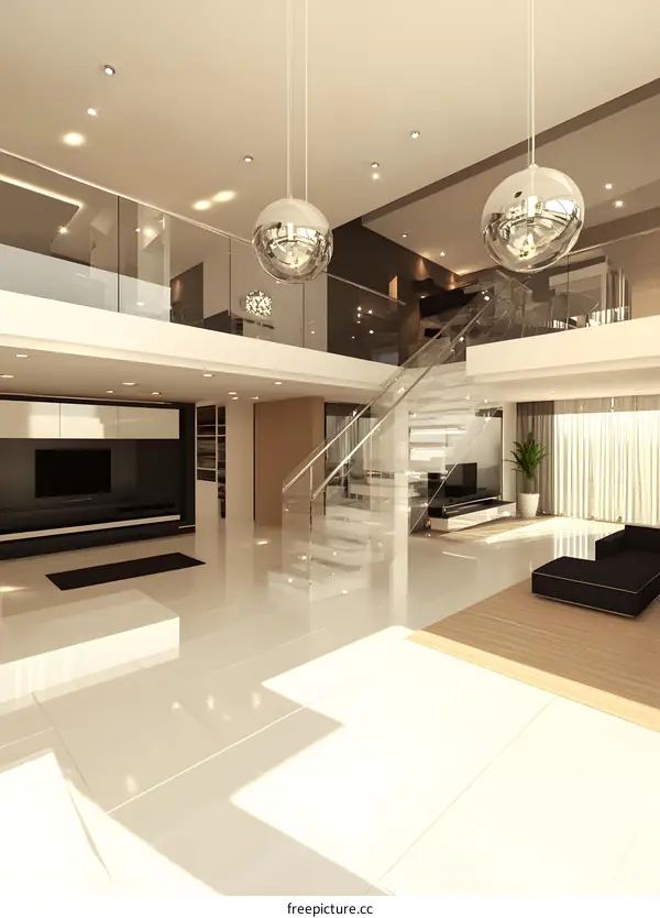 Modern Interior Design with Glass Staircase and Light Fixtures