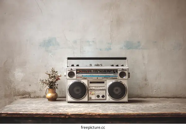 Vintage Retro Boombox on Rustic Wooden Table