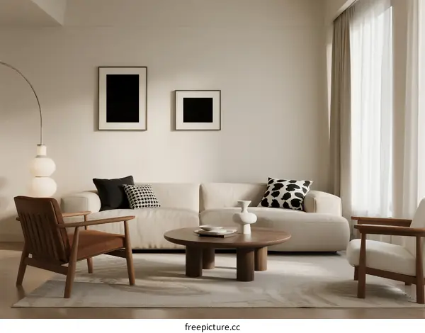 Minimalist living room with neutral tones and comfortable seating arrangement