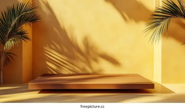 Empty Wooden Platform Display with Sunlight and Palm Trees