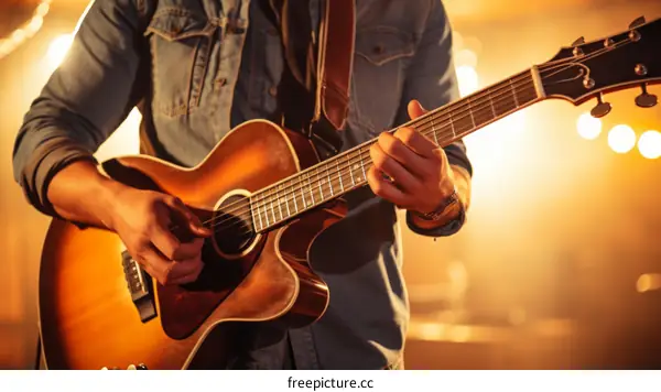 Close-up of a man playing an acoustic guitar