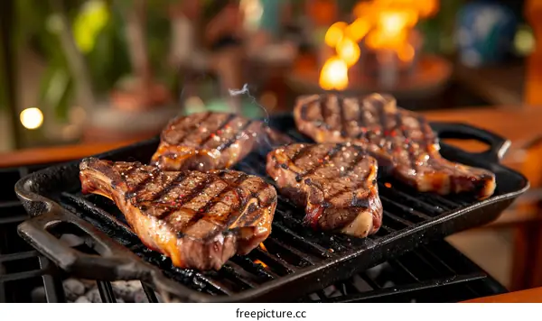 Grilled beef steaks on a barbecue