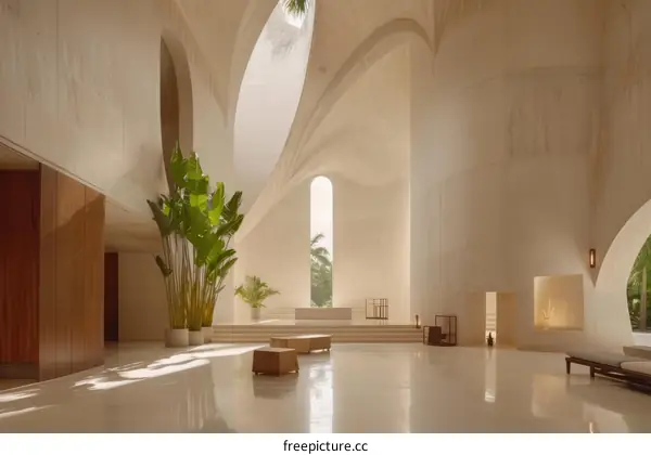 Futuristic Hotel Lobby Interior with Curved Walls and Large Windows