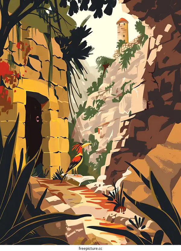 Bird on a Path in a Canyon with a Tower in the Distance