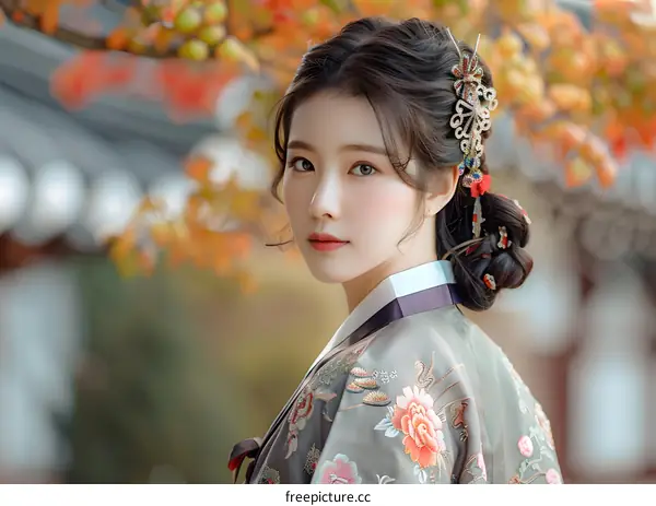 Portrait of a young Korean woman in traditional Korean dress, or Hanbok