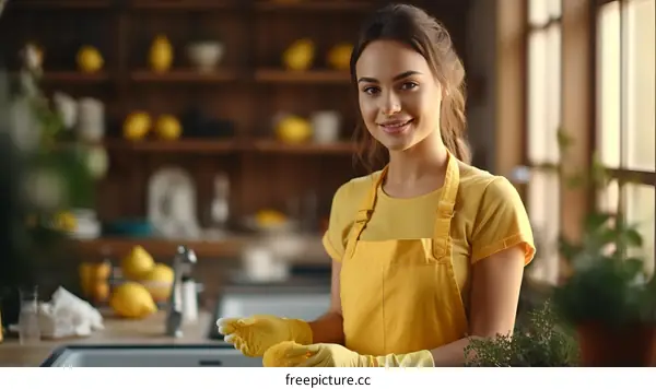 Cheerful young woman in yellow apron and gloves washing dishes in the kitchen