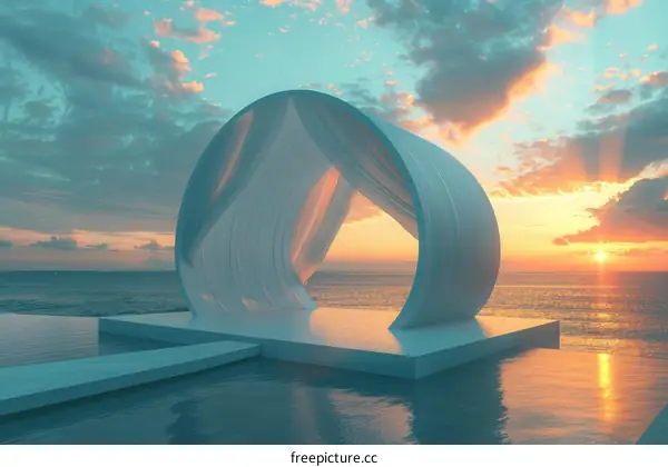 3D rendering of a wedding arch on a pier at sunset