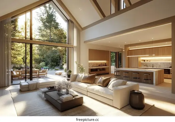 Modern Farmhouse Living Room with Kitchen and Outdoor View