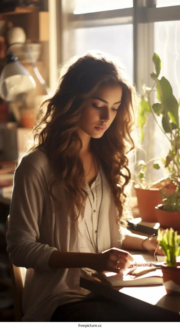 Young woman sitting at a desk reading a book