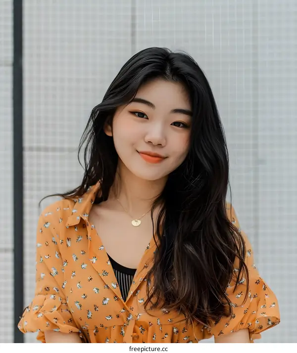 Smiling Asian Woman in a Floral Dress