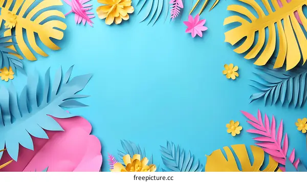 Tropical Leaves and Flowers Papercraft on Blue Background