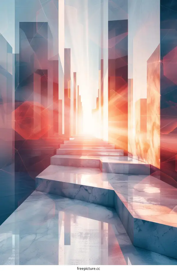 Futuristic Cityscape with Marble Staircase and Sunlight