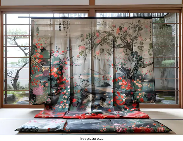 A beautiful Japanese kimono with a floral pattern.