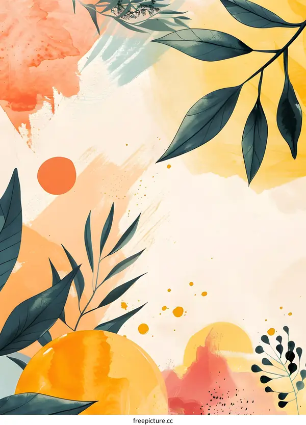 Abstract Watercolor Painting with Green Leaves