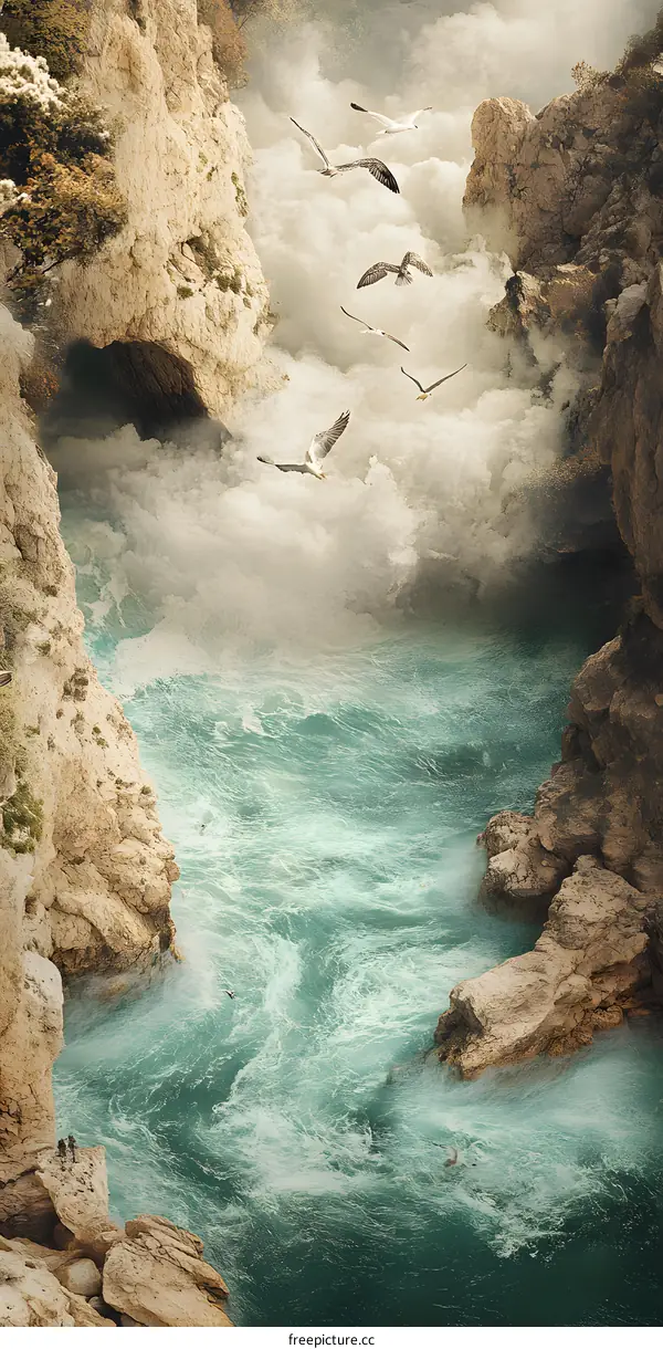 Seagulls Flying Above a River in a Mountain Gorge