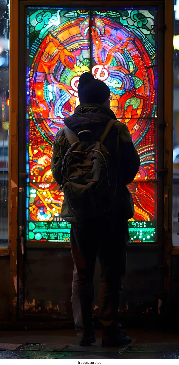 Man Looking At Colorful Stained Glass Window