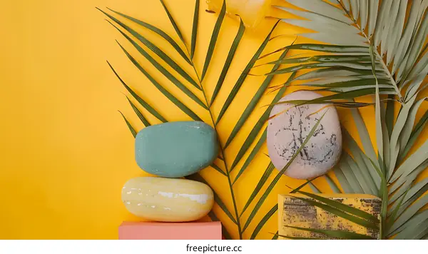 Tropical Summer Palm Leaves and Stones on Yellow Background