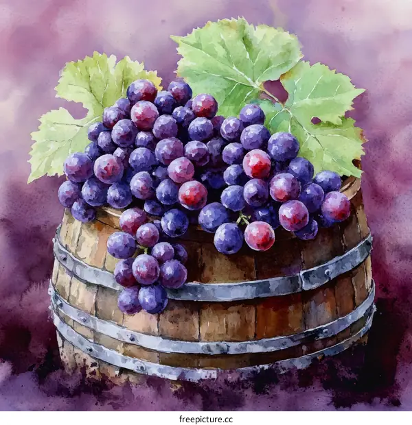 Watercolor Still Life of Grapes in a Wooden Barrel