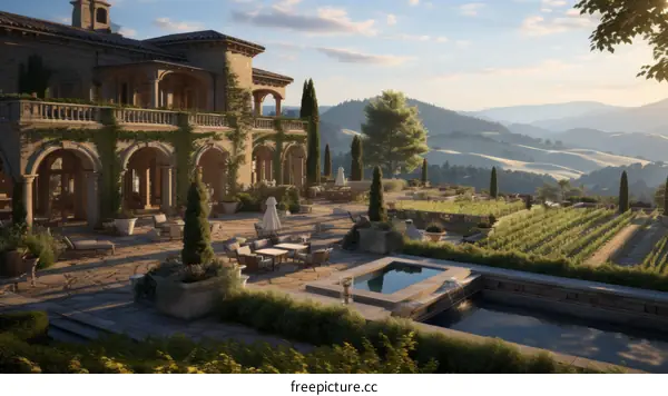An illustration of a beautiful villa with a pool and a vineyard