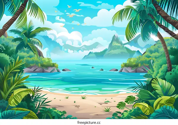 Tropical Beach Scene With Palm Trees And Mountains