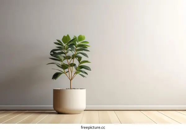 A potted plant sits on a wooden floor against a beige wall.