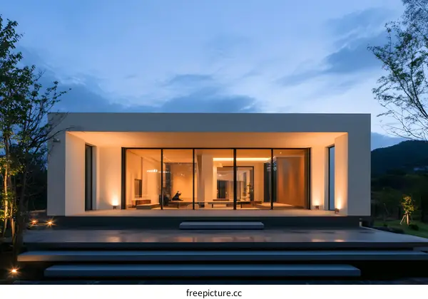 Modern Minimalist House With Large Windows at Dusk