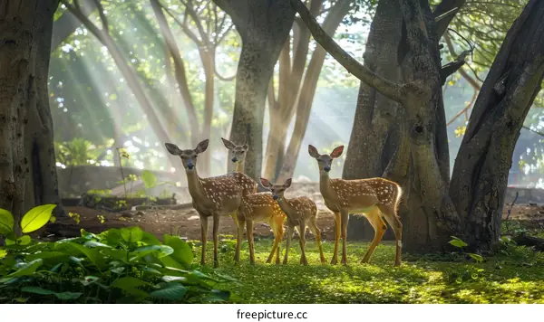 A family of deer standing in a lush green forest