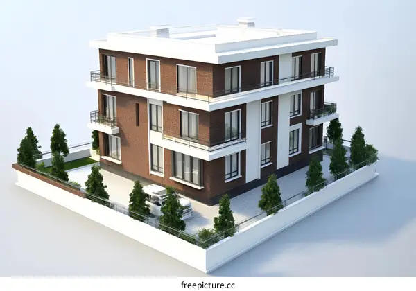 Modern Brick Apartment Building 3D Illustration
