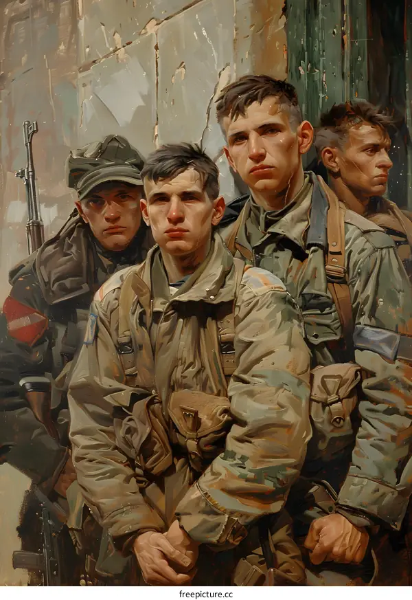 Four soldiers in front of a wall