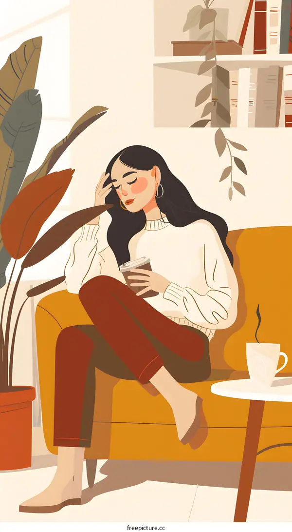 Woman Sitting on Sofa with Coffee Cup Illustration