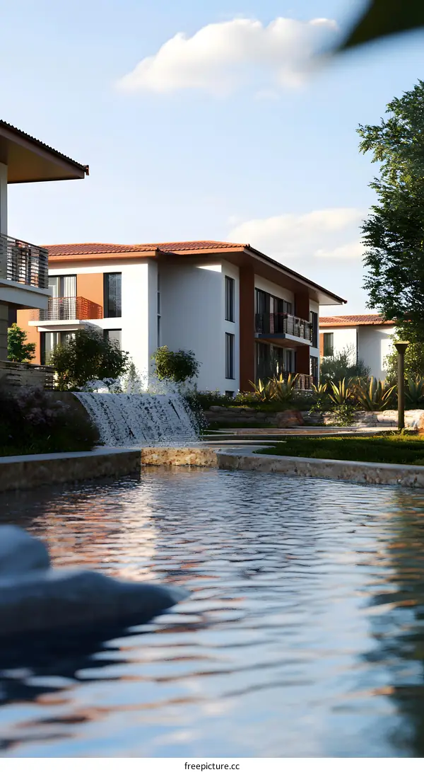 Modern Architecture with a Waterfall and Pond
