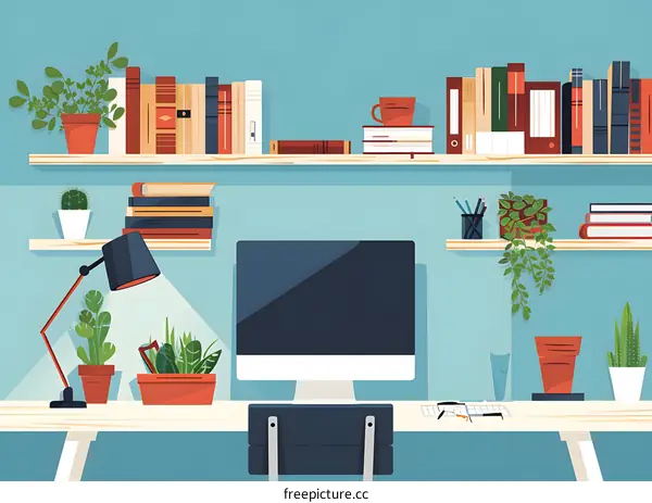 Modern Home Office Workspace with Desk and Bookshelves