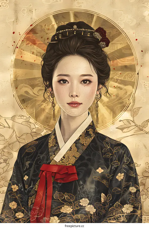 A digital painting of a young woman in a traditional Korean hanbok