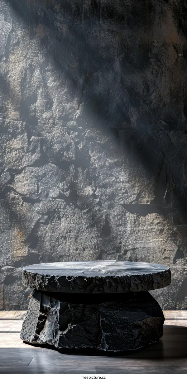 Black stone table on wooden floor with spotlight on dark stone wall background for product display