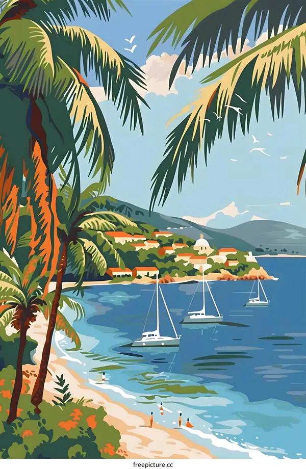 Tropical Beach Scene with Palm Trees and Boats