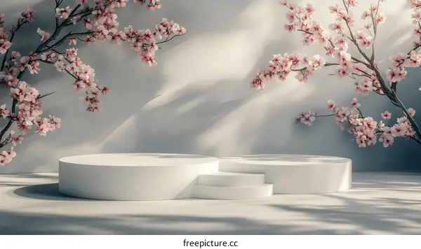White Podium Display with Cherry Blossom