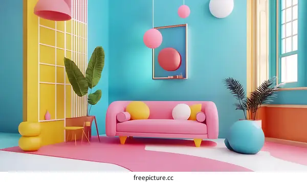 Colorful Minimalist Living Room Interior Design with Pink Sofa