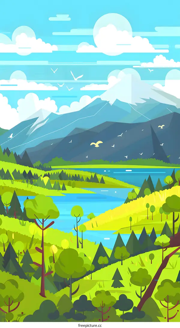 Green Landscape with Mountains and River