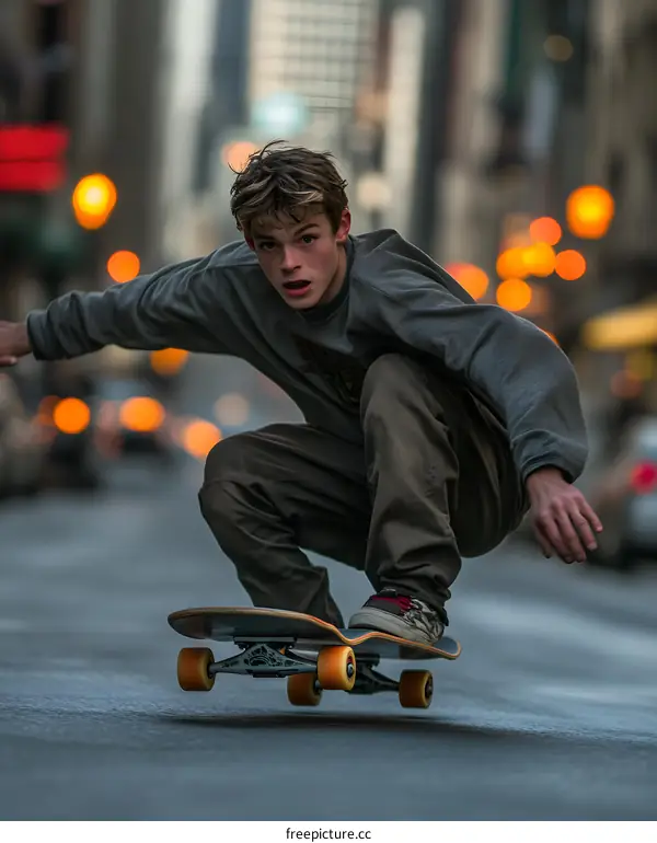 Young Man Skateboarding On City Street