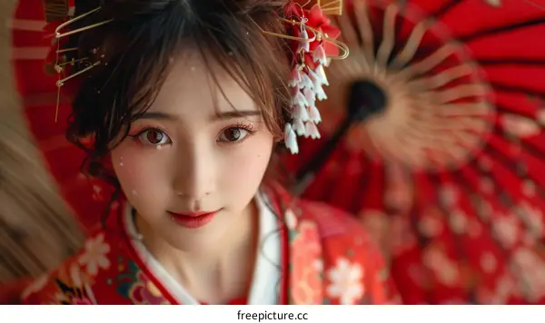 Portrait of a beautiful Asian woman in traditional Japanese clothing