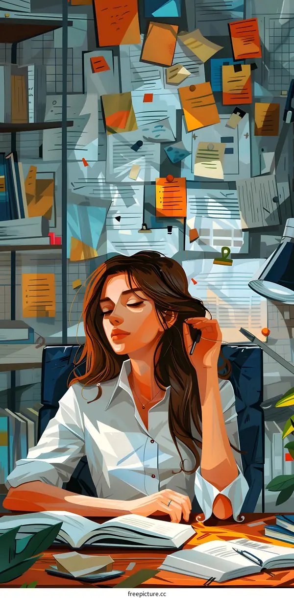 A thoughtful girl is sitting in the office thinking about something.