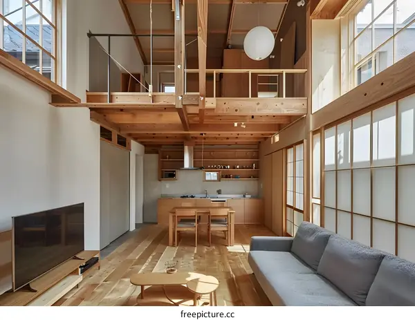 Modern Japanese Style Home Interior Design with Wooden Beams and Floor