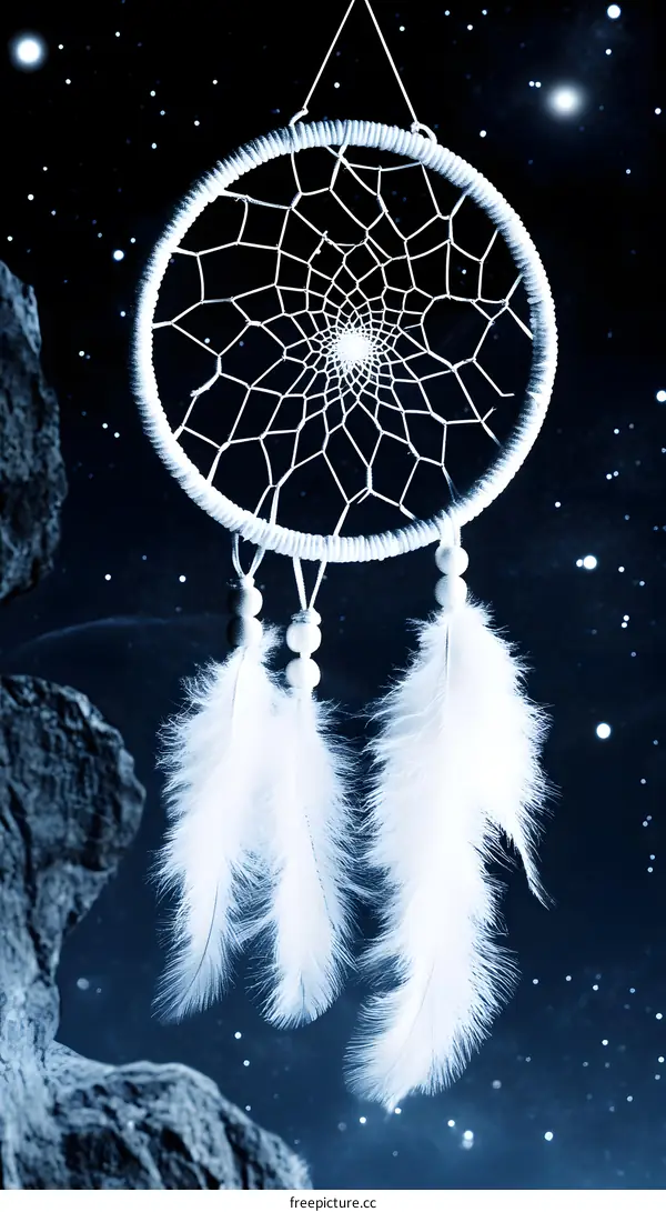 White Dreamcatcher with Feathers Against Night Sky