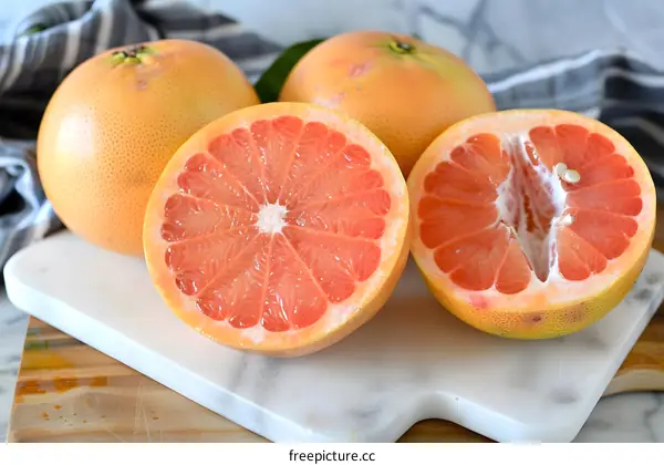 Fresh Ripe Grapefruit Slices on Marble Cutting Board