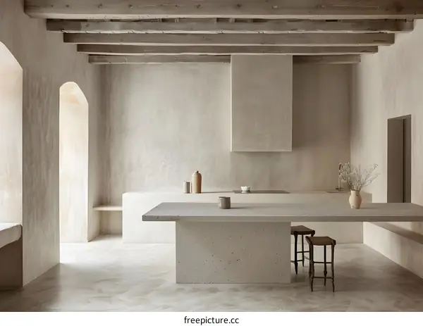 Minimalist Kitchen Interior Design With Concrete Countertop And Wooden Beams