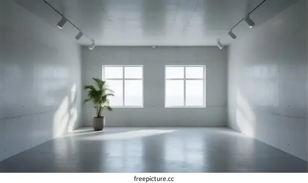 A bright and empty room with large windows and a potted plant inside