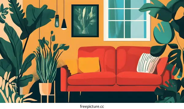 Modern Living Room Interior Design With Plants And Yellow Wall