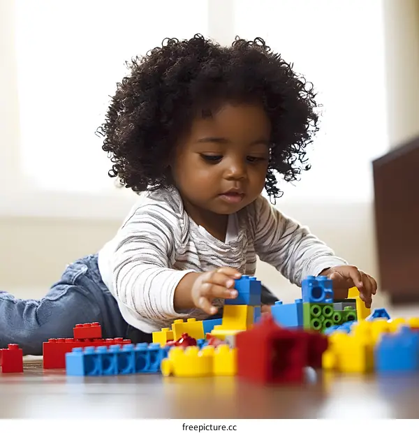 Little African American Girl Playing With Colorful Blocks