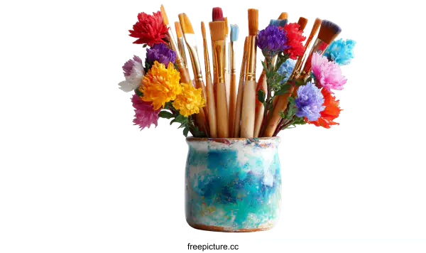 [Transparent Background PNG]Colorful flower bouquet and paintbrushes in a decorative pot