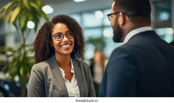 Two business professionals having a conversation in an office